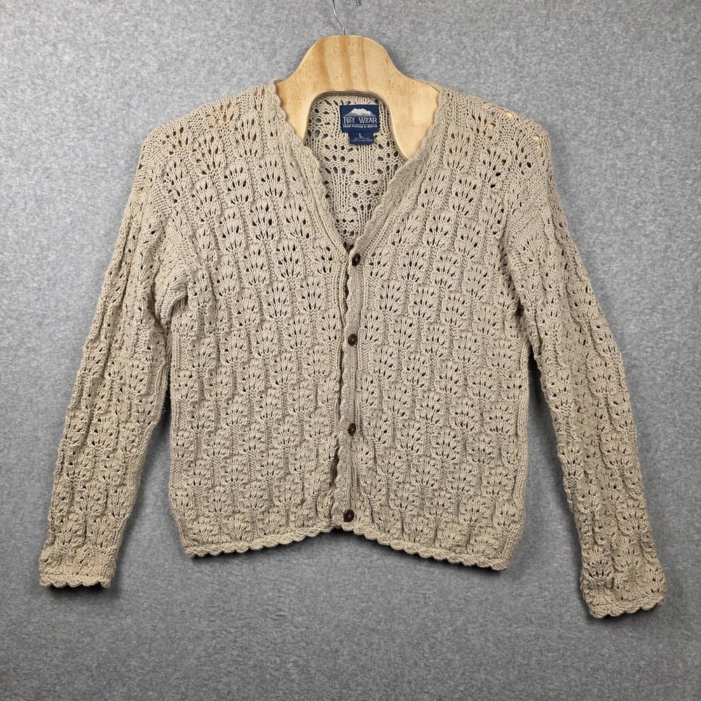Rey Wear Cardigan Sweater Womens Large Beige‎ Hand Knit Cotton Crochet Boho